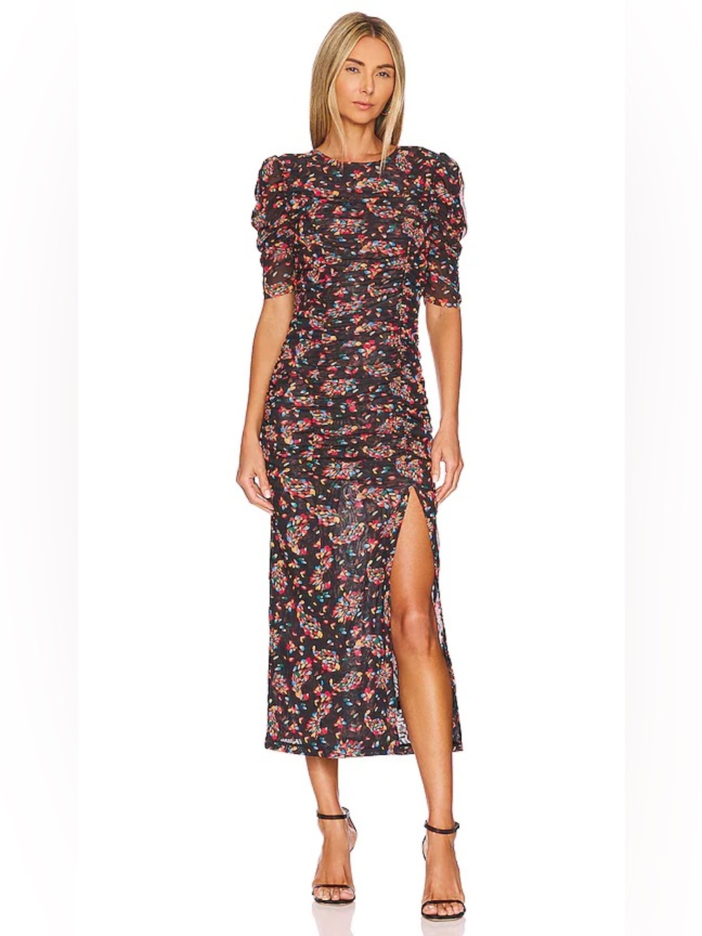 🆕 NWT Free People Briella Ruched Slit Midi Dress Twilight Combo Size XS